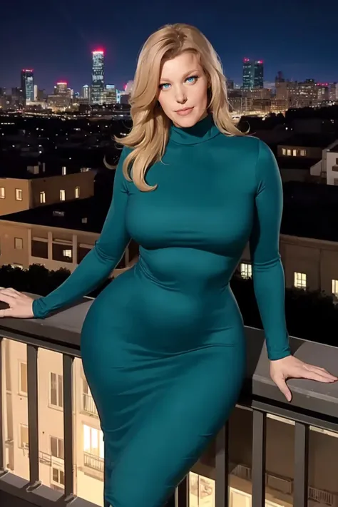 <lora:mondongo_LoRA_AnnaGunn:1> mndngwmn, wide hips, (3/4 body),(ultra realistic, 8k,high quality), wearing a turtleneck bodycon dress, on a balcony at night with city on background