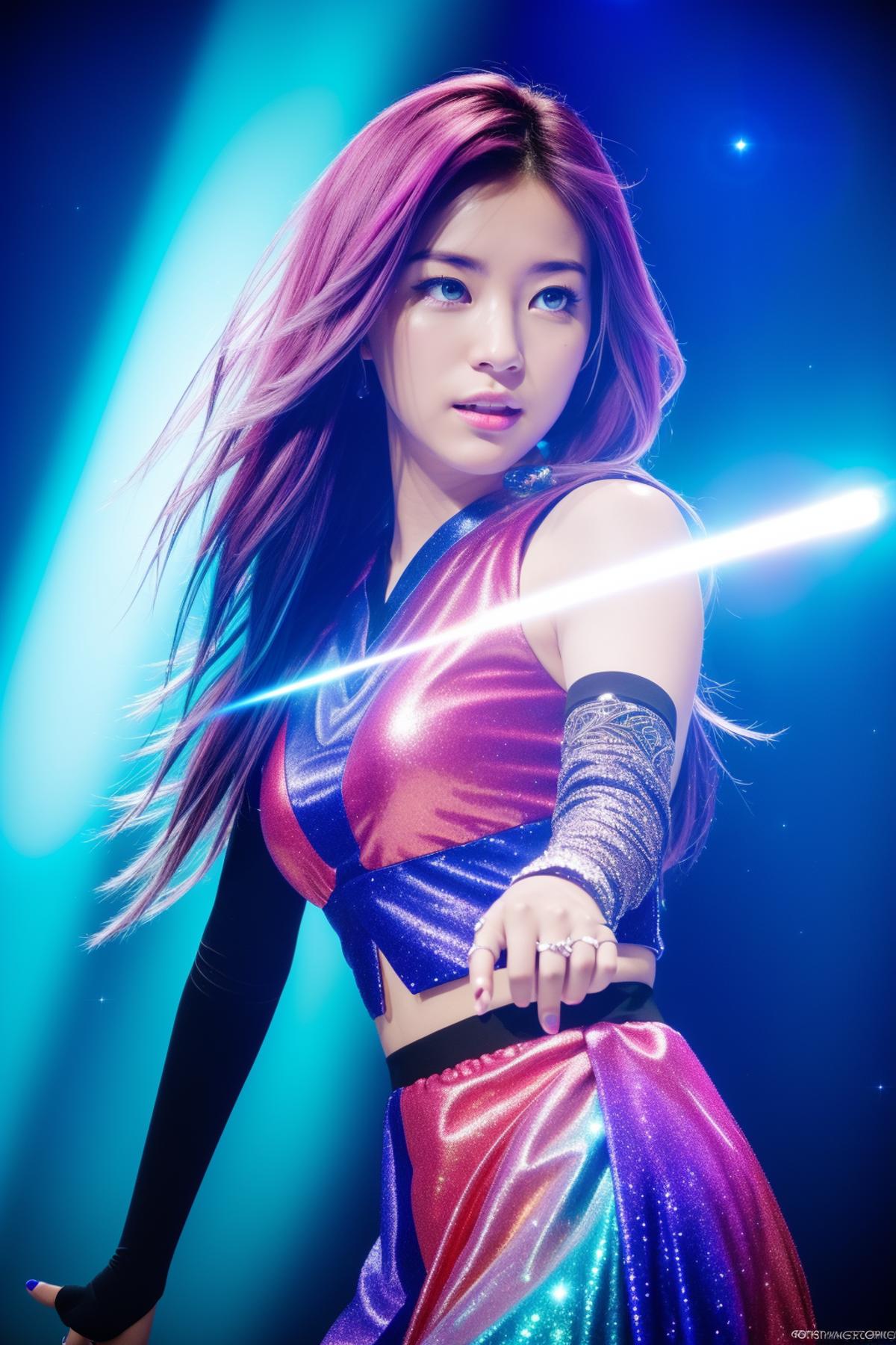 A woman with long hair and a purple dress holding a sword - SeaArt AI