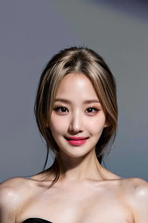 (masterpiece, top quality, best quality, (close-up photograph: 2), ((1girl)), fair skin, (((closed lips))), small eyes, (extremely detailed face), looking straight, ultra-detailed eyes and pupils, ((bare pectorals)), ((bare chest)), bare head, nude dress, (((bare shoulders))), symmetrical frame, ((strapless)), (((smile))), ((symmetrical pose)), looking at viewer, (((looking at viewer))), (symmetrical face: 1.6), 35mm, simple grey background, ((studio lighting)), no watermark, ((blonde hair)), <lora:bellelorashy:1>