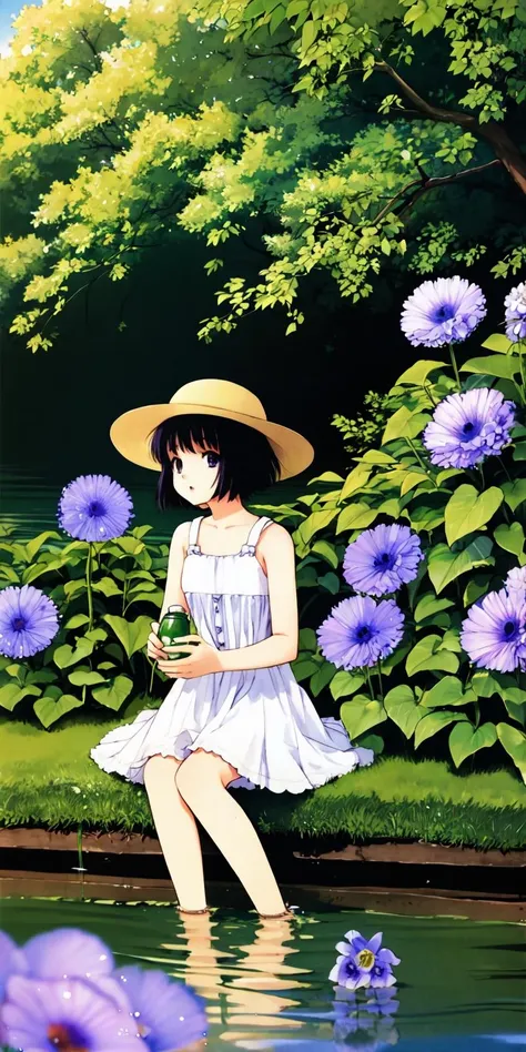 <lora:CLAMP - Artist Style:0.8>,
1girl, flower, solo, hat, bucket, sitting, water, dress, fishing rod, barefoot, bottle, straw hat, plant, short hair, morning glory, black hair, blurry, holding, hose, depth of field, fishing, purple flower, soaking feet, white dress, day, sundress, sleeveless, outdoors, scenery, sleeveless dress, shorts, sun hat, sunlight, looking away