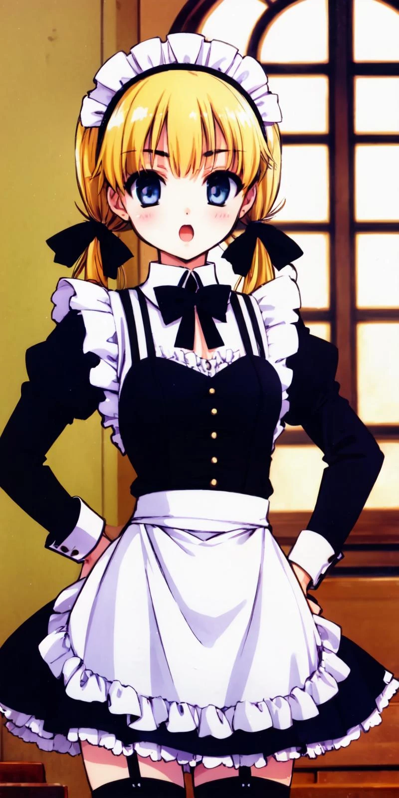 <lora:CLAMP - Artist Style:0.7>,
1girl, blonde hair, solo, blue eyes, maid, thighhighs, underwear, panties, long hair, maid headdress, twintails, breasts, bow, blush, apron, long sleeves, hand on hip, frills, puffy sleeves, open mouth, black panties, looking at viewer, dress, black thighhighs, indoors, juliet sleeves, holding, blue bow, bangs, very long hair, garter straps, black dress, pantyshot, hair bow, blurry, bowtie, white apron, window, medium breasts, maid apron, frilled apron, frilled dress, standing, cowboy shot, depth of field, blue bowtie, blurry foreground, v-shaped eyebrows, skindentation, waist apron, black bow, menu, hair ribbon, sidelocks, ribbon,