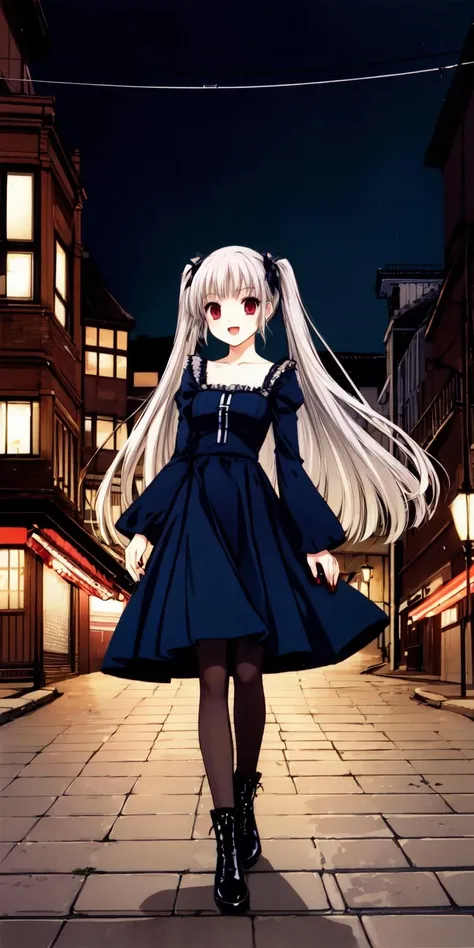 <lora:CLAMP - Artist Style:0.7>,
1girl, solo, long hair, open mouth, twintails, high heels, red eyes, wide sleeves, black nails, lantern, long sleeves, smile, looking at viewer, bag, blue dress, bangs, nail polish, full body, dress, outdoors, black footwear, grey hair, high heel boots, :d, boots, night, paper lantern, standing, floating hair, pantyhose, very long hair, breasts, building, street