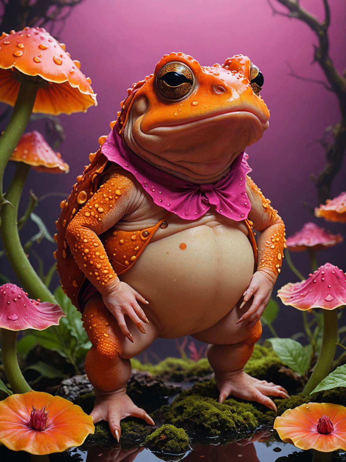 studio Vector Art, surreal, (Toad:1.3) , the Toad is very Scaly, the Toad is dressed in a Divine dark orange Straw transparent Naughty Knickers that was inspired by Jurassic Park, It is very Magenta and Red, Foggy, whimsical art, (designed by Wes Anderson:1.1) , Tanya Shatseva, Masterpiece, Reflected light, Depth of field 270mm, psychedelic colors, behance, dark yellow palette, fractal, <lora:add-detail-xl:1> <lora:xl_more_art-full_v1:0.75>