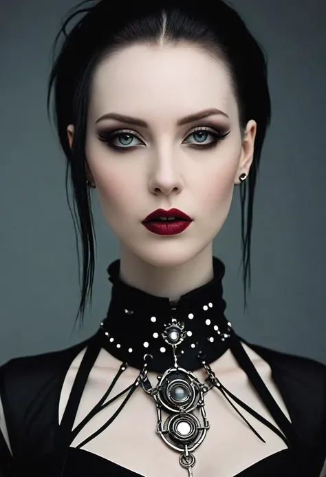 a beautiful woman with pale skin, goth cyberpunk, collar,