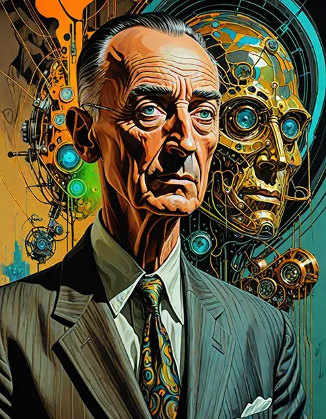 Surrealistic painting of a timetraveller that triggers the grandfather paradox, now ((he is dissolving)) in a temporally dilated instance of Planck time, the man looks like Robert Oppenheimer as (Half-Life's G-man), highly detailed, masterpiece, 8k, hdr, (art by Salvador Dali AND (Yoji Shinkawa AND Greg Rutkowski)), speed painting aesthetic, glitch effect, (earthy tones mixed with precious metal colors and (vivid vibrant neon colors))