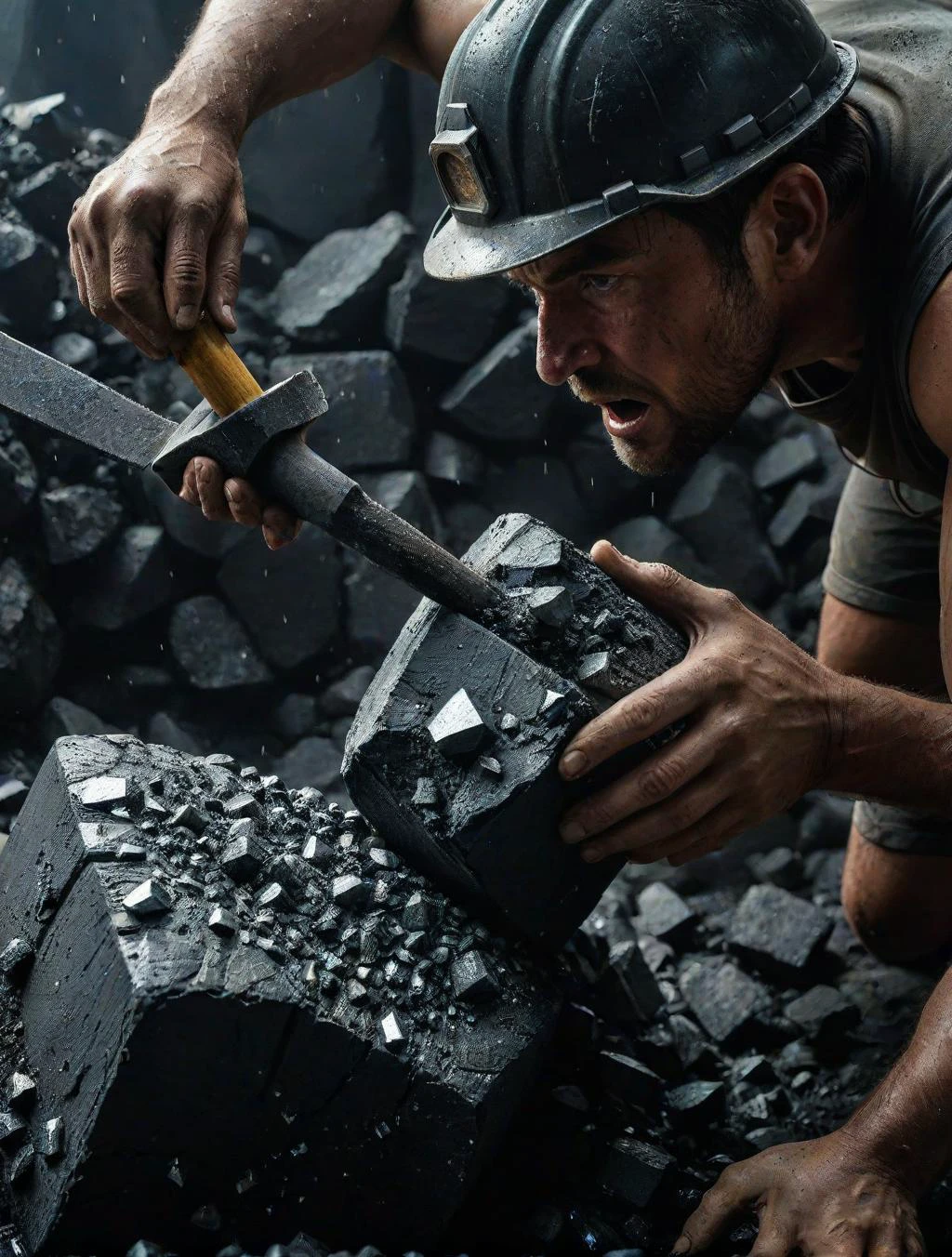 A miner of a cleaning face breaks a huge coal stone with a diamond inside with a pickaxe, (sharpness:1.4), <lora:AwyBlurSDXL:-1>, <lora:add-detail-xl:1>, <lora:SDXL_Black_Sa_May:0.4>, <lora:sdxl_offset_example_v10:-0.8>, <lora:Perfect Hands v2:1.2>, <lora:crystalz-sdxl:0.4>, <lora:BugCraftXL:0.2>, <lora:xl_more_art-full_v1:0.4>, <lora:Conan the Barbarian:0.2>, <lora:Brutalism_new:0.2>, <lora:greengemix:0.2>, 8k, ultra detailed, ultra quality, realistic, cinematic, dramatic light, rim light, refraction, Sony a6600, 70mm