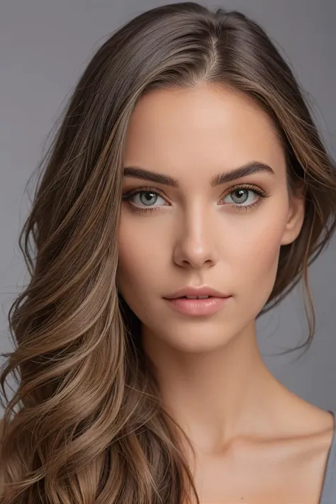 cinematic photo,beauty photo,symmetrical (close-up headshot:1.1),long hair,gorgeous hairstyle,minimal accessories let inherent beauty shine,captivating eyes lit with soft diffused strobes floating seamlessly against a gray backdrop,film,bokeh,professional,4k,highly detailed,epiCPhoto,