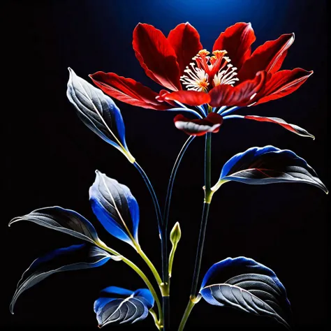 dynamic lighting red flower|plant<lora:add_detail:1.4>,with gray|black|white|blue|obsidian background,