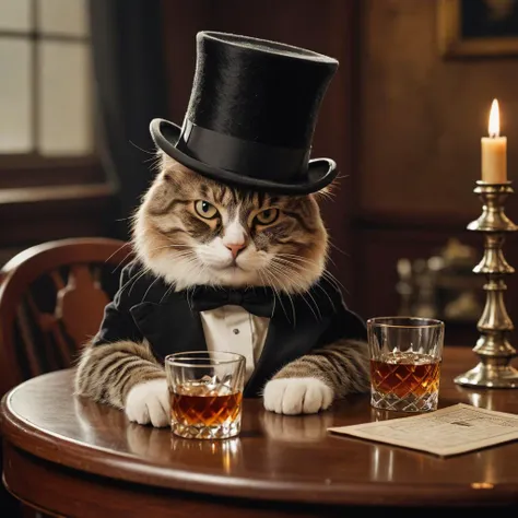 a cat with a top hat sitting at a table drinking a whiskey