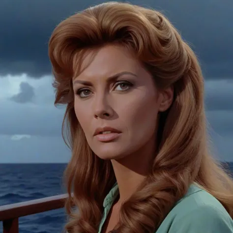 still frame from a  by Robert Richardson,  [gorgeous redhead:Ginger Grant:0.5] , on he boat USS Minnow, off the coast of Hawaii in 1964, au courant casual outfit, au courant bouffant hairstyle, highly detailed face, distant storm clouds, cinematic lighting
