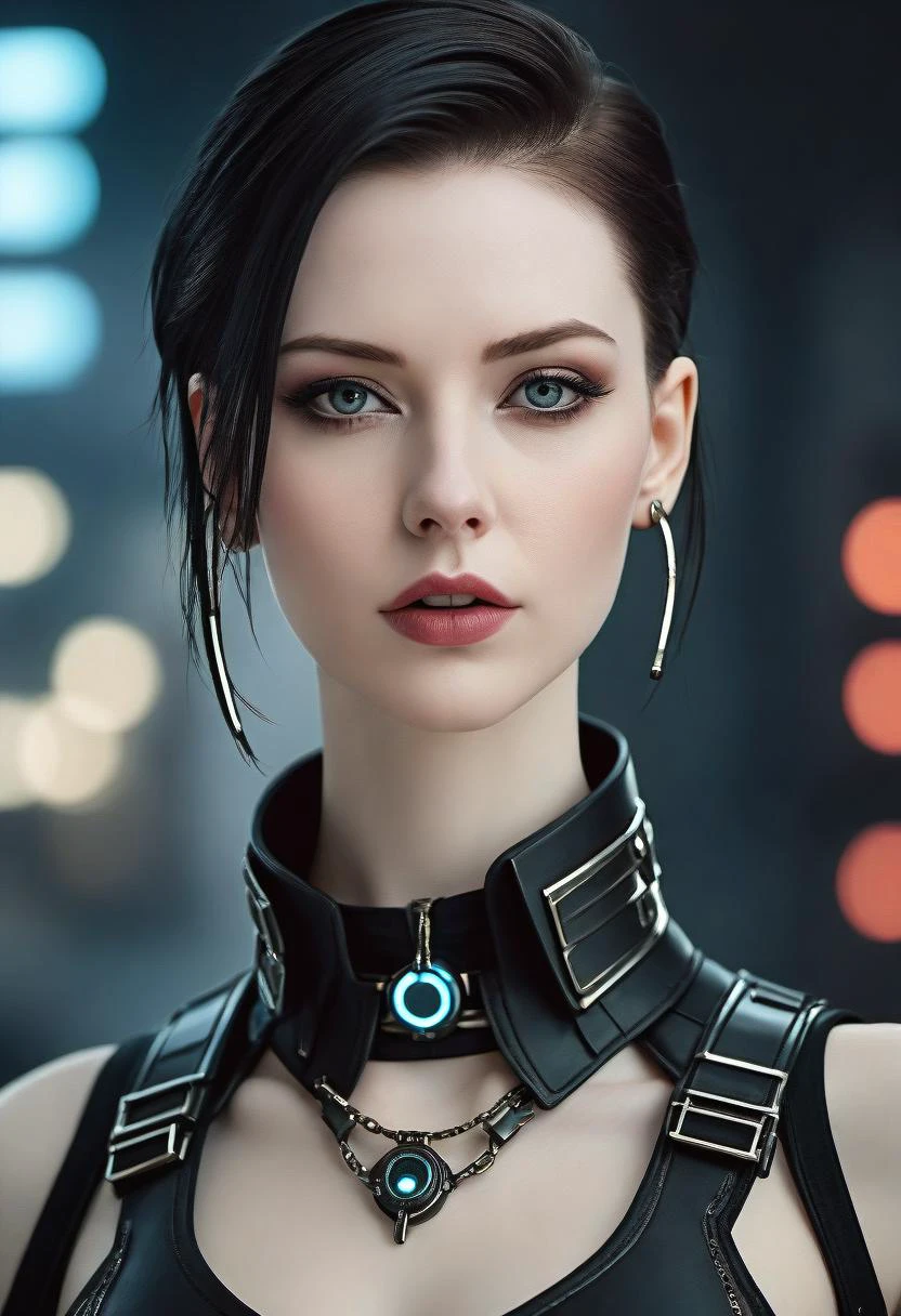 a beautiful woman with pale skin cyberpunk, collar,
