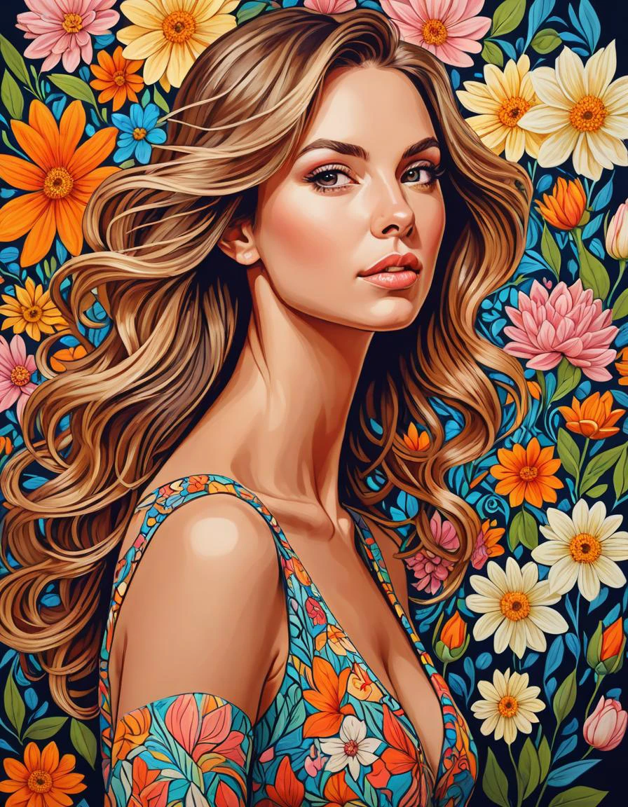 Speed painting of a beautiful woman, she has discovered the joy of generative art, floral patterns, highly detailed, masterpiece, swift linework, 8k, hdr,