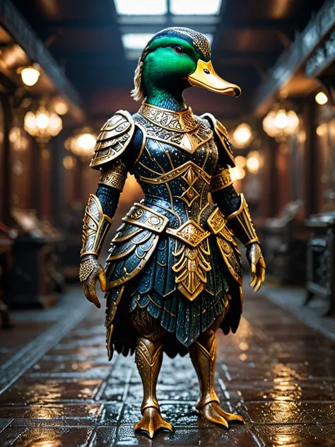 Ornate and Intricate, stylized, Wet Mystical (Mallard:1.3) , wearing Great Stylish Mini Dress for Every Occasion and Dieselpunk [Spartan Armor:Turtleneck:9], Granular background, tilt shift, Movie still, Steelpunk, Black lighting, Kinemacolor, Rule of Thirds, decorative, highly detailed, elaborate, ornate, <lora:add-detail-xl:1>, <lora:xl_more_art-full_v1:0.75>