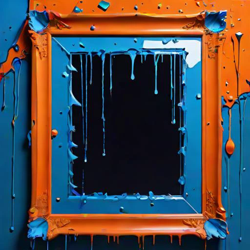 broken glass, blue and orange, mirror, frame, waterfall, neon paint splatter, bullet holes,