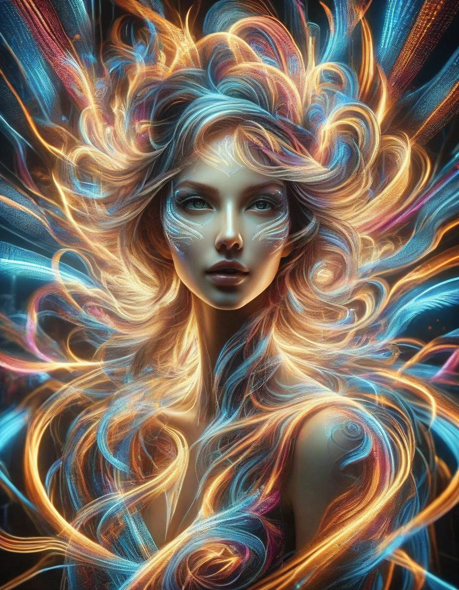ral-exposure, gorgeous woman, in the style of double exposure, neon art nouveau, long exposure, Italian Futurism, wimmelbilder, layered lines, neonpunk, chiaroscuro, best quality, masterpiece, highres, absurdres, incredibly absurdres, huge filesize, wallpaper, colorful,8K,RAW photo