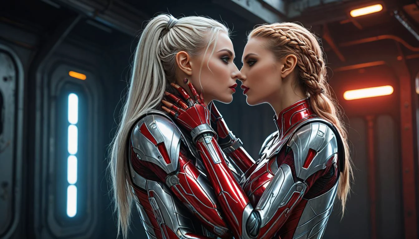 digital artwork, wide shot of a stunning female elf cyborg kissing and hugging a human and pressing her against the wall,by Murray Tinkelman,slender elf ears,wearing a tight etheral glassfiber suit glowing brightly combined with spandex like cloth covering all but the head,(elaboratearmor:0.5),perfect body,medium breasts,slim waist,long multicolored white and red streaked hair,detailed face,stunning eyes,(mechanical arms:1.3),
on a derelict space station with a huge window facing the dark outer space showing a planet and nebula in front of a dark starfield,intense,dramatic,(Beautiful and aesthetic:1.1),(seductive pose:1.4),(solo:1.1),(4k:1.2),(extreme resolution:1.2),(highly intricate:1.2),(studio quality:1.2),(extremely detailed:1.2),highres,volumetric lighting,Masterpiece,best quality,<lora:more_details:1.1>,