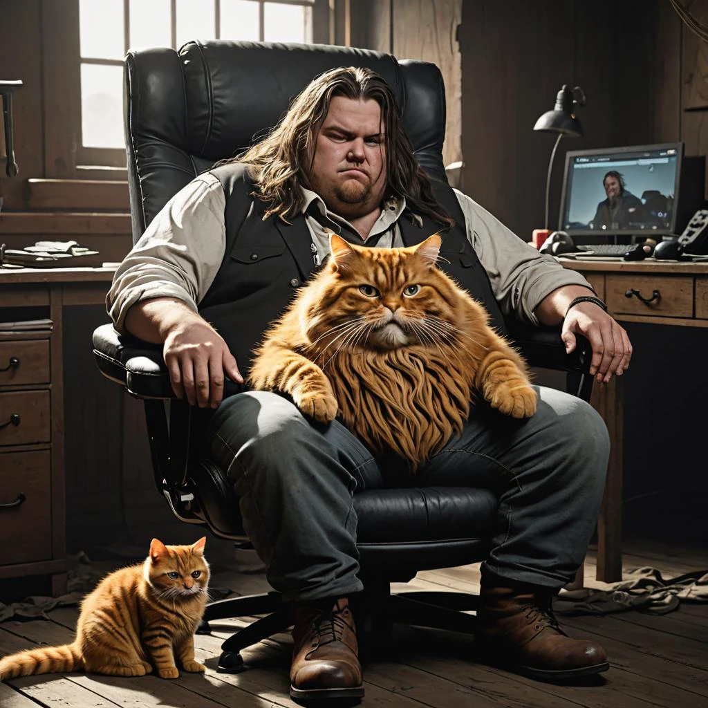 a very fat tall long haired man in a gaming chair, looking like he is from hunt showdown computer game, surrounded by garfield cat
