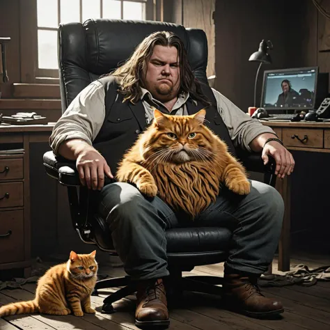 a very fat tall long haired man in a gaming chair, looking like he is from hunt showdown computer game, surrounded by garfield cat
