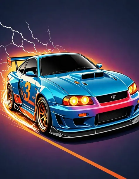Illustrative key art, a turbo charged street racing car, the number 3 is on it, lightning artwork, sensation of pure speed, masterpiece, intricate details, 8k, hdr, vector art, minimalist, single gradient background, speed sketch like aesthetic, engineering concept artwork