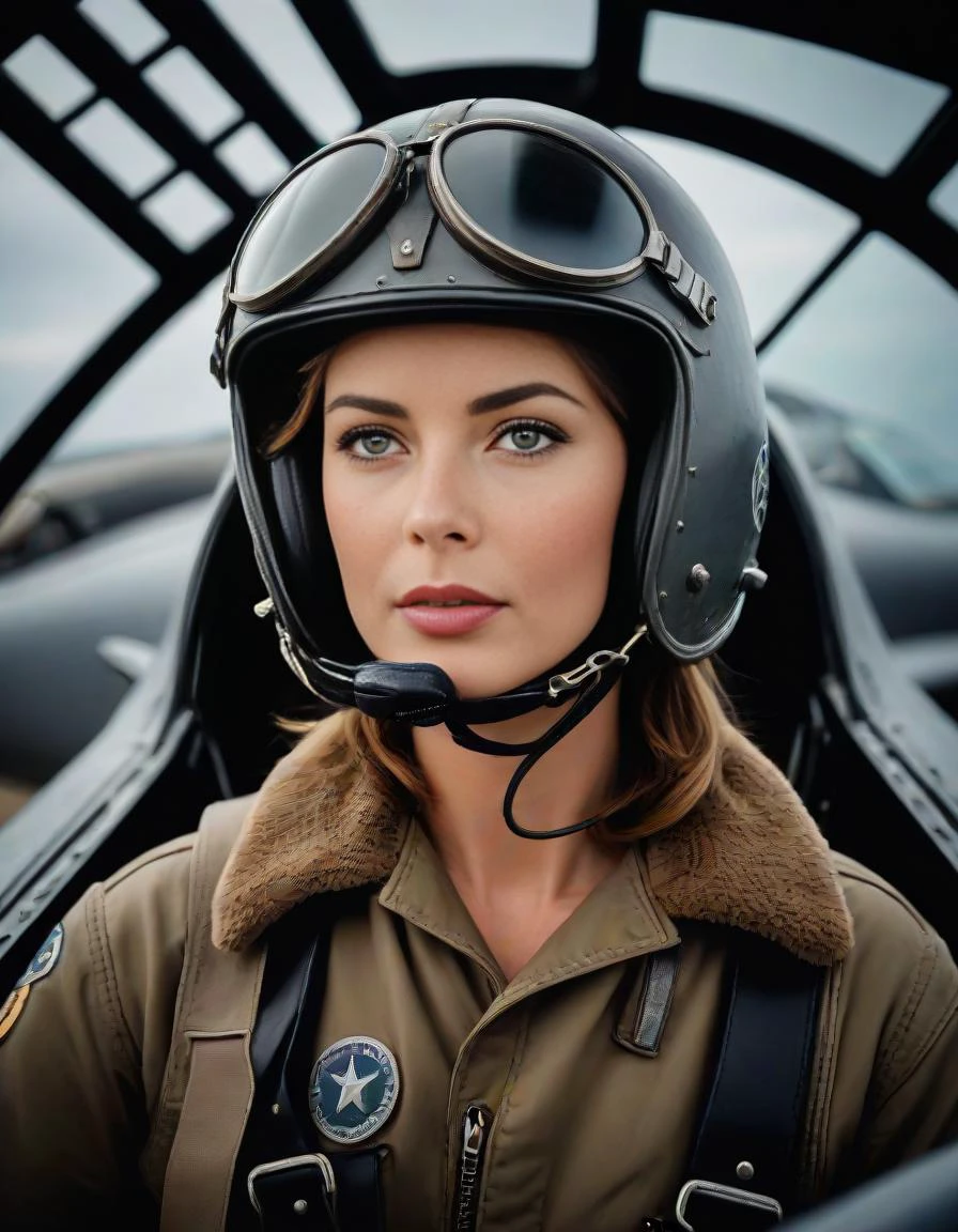 1944 ,  still frame from a movie by Robert Elswit,  ((long shot)), viewer looking from outside the airplane,  [gorgeous brunette:Kathy Ireland:0.5] , stunning eyes that pierce your soul,  au courant  1940s  hairstyle, world-war-II  US Army Air Corp flight suit and leather pilot-helmet, relaxed expression, climbing into the cockpit of a  P-51 Mustang fighter plane, highly detailed skin with visible pores, poster with ((text slogan , "BAD IDEA!")), symmetrical face, highly detailed face,  insane intricate detail, award winning art, raytracing, sharp focus, 8k, hdr, masterpiece, photography, dslr, kodachrome, 35mm photograph, analog film, professional, highly detailed