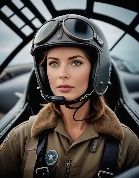 1944 ,  still frame from a movie by Robert Elswit,  ((long shot)), viewer looking from outside the airplane, 15yo [gorgeous brunette:Kathy Ireland:0.5] , stunning eyes that pierce your soul,  au courant  1940s  hairstyle, world-war-II  US Army Air Corp flight suit and leather pilot-helmet, relaxed expression, climbing into the cockpit of a  P-51 Mustang fighter plane, highly detailed skin with visible pores, poster with ((text slogan , "BAD IDEA!")), symmetrical face, highly detailed face,  insane intricate detail, award winning art, raytracing, sharp focus, 8k, hdr, masterpiece, photography, dslr, kodachrome, 35mm photograph, analog film, professional, highly detailed