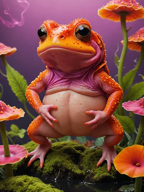 studio Vector Art, surreal, (Toad:1.3) , the Toad is very Scaly, the Toad is dressed in a Divine dark orange Straw transparent Naughty Knickers that was inspired by Jurassic Park, It is very Magenta and Red, Foggy, whimsical art, (designed by Wes Anderson:1.1) , Tanya Shatseva, Masterpiece, Reflected light, Depth of field 270mm, psychedelic colors, behance, dark yellow palette, fractal, <lora:add-detail-xl:1> <lora:xl_more_art-full_v1:0.75>