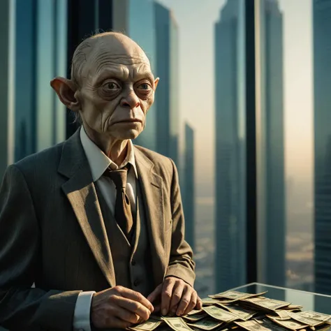 imagine gollum dressed in a smart suit and shirt, looking out of a skyscraper in dubai surrounded by money, tonalism, backlit portrait, portrait soft light, dramatic light on face