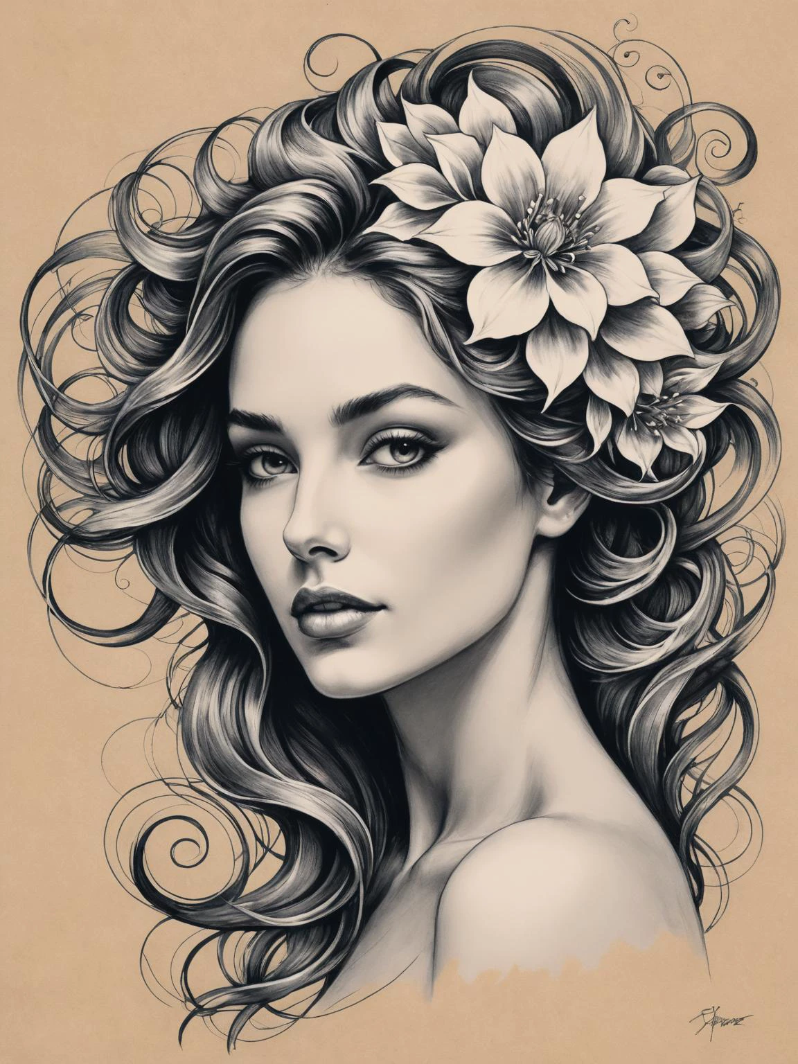 A graceful woman with a radiant flower blossoming atop her head, symbolizing her flowing hair, surrounded by delicate swirls of artwork, sketch style drawing capturing intricate details of her features and the flower, emphasizing the elegance and natural beauty, Artwork, charcoal sketch on textured paper
<lora:add-detail-xl:0.6> , <lora:xl_more_art-full_v1:0.6>