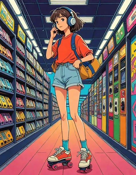 Anime illustration, Studio Ghibli style, a rollerskating girl, listening to her walkman, 80s vibe, minimalist, highly detailed, vivid colors, masterpiece, 8k, hdr