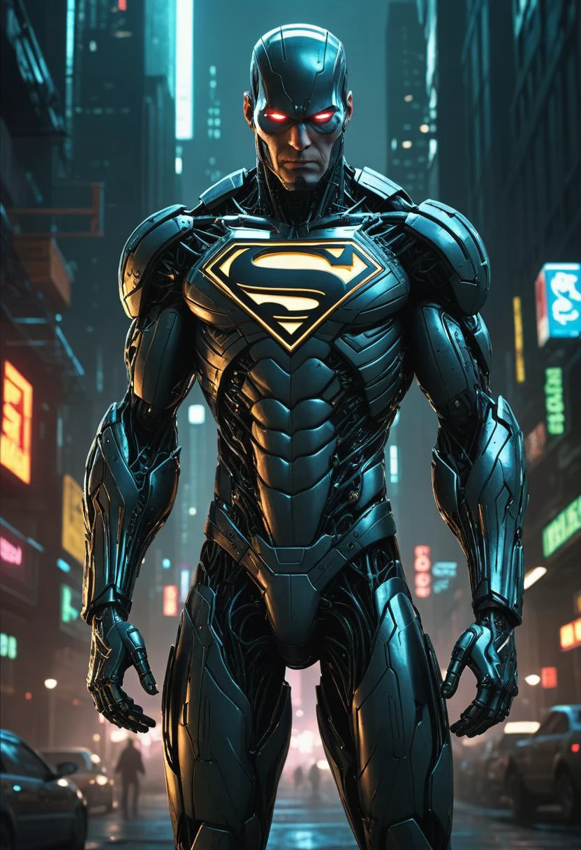 biomechanical cyberpunk In the heart of an enigmatic dystopian cyberpunk metropolis, bioluminescent superman, human-machine fusion, body is adorned with intricate neon biomechanical augmentations that glow, energy core pulsating rhythmically beneath his skin exuding a punk rock vibe, ray tracing, dirty and noisy yet eerily unsettling, he is the embodiment of this grim world's suspenseful underbelly, . cybernetics, human-machine fusion, dystopian, organic meets artificial, dark, intricate, highly detailed,