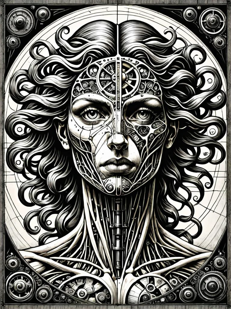 Biomech, ink drawing, anatomical, Da_Vinci, vitruvian,professional photograph of a busty young woman by Masamune Shirow and Howard Hodgkin and massimo vitali, stunningly beauty, bold lines, hyper detailed, dark limited palette, dramatic lighting, (intricate details, masterpiece, best quality:1.4),
<lora:add-detail-xl:1> <lora:Da_Vinci-000008:1>