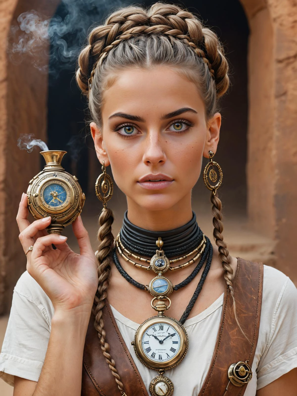 Atompunk portrait of a ((Desert dweller Archaeologist with Chestnut brown eyes, Chestnut Braided bun hair, and Porcelain skin)). (Pierced lips and Celestial Bodies). (Pocket watch and holds a special Chalice of Echoes). Dressed in the (style of Ancient Egyptian) (with Endless Staircase in the background and accompanied by a Smoke Serpent).
<lora:add-detail-xl:1>, <lora:xl_more_art-full_v1:0.75>
