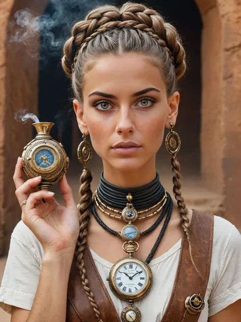 Atompunk portrait of a ((Desert dweller Archaeologist with Chestnut brown eyes, Chestnut Braided bun hair, and Porcelain skin)).  (Pierced lips and Celestial Bodies).  (Pocket watch and holds a special Chalice of Echoes). Dressed in the (style of Ancient Egyptian) (with Endless Staircase in the background and accompanied by a Smoke Serpent).
<lora:add-detail-xl:1>, <lora:xl_more_art-full_v1:0.75>