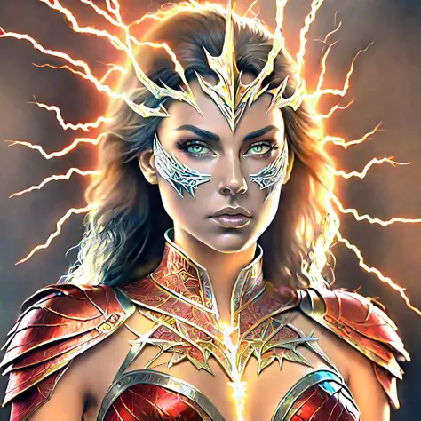 female goddess of power, perfect realistic skin, perfect realistic hair, with mask in glass Medium shot looking to right of viewer, intense lightning protruding from head, HDR10, 8K, masterpiece, insane details, insane intricate, dramatic, geometric atomicity, holographic fractal recursion, award winning art, velocity, brilliant composition, asymmetric, vibrant color, deep contrast, masterpiece, fine art, Red, gold and silver, Dungeon and dragons style, background composed of intense detailed lightning bolt energy