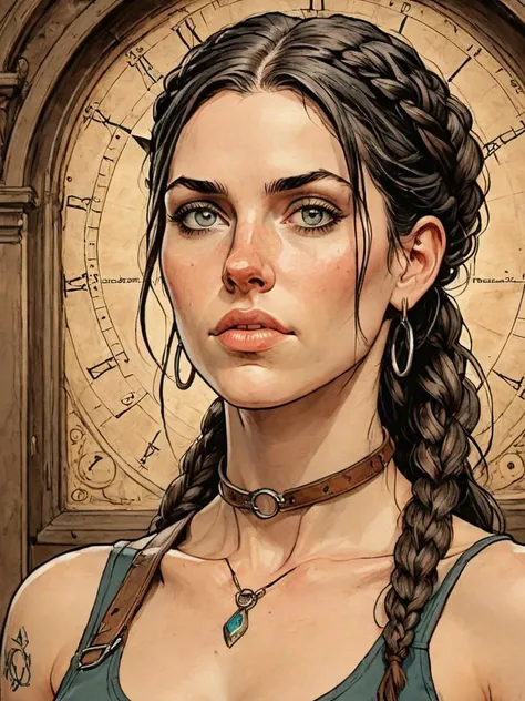 on parchment, bemused to be locked in a leather neck restraint, Tifa Lockhart in a full frame zoom up of her face and neck, looking upwards in a room of old ticking clocks, (complex artistic color ink pen sketch illustration:1.5), full detail, gentle shadowing, fully immersive reflections and particle effects, concept art by Artgerm andRange Murata and Studio Ghibli in collaboration. portrait of a beautiful woman by Greg Rutkowski, half body, black hair, braids, pale skin,   <lora:ParchartXL-2.0:1>