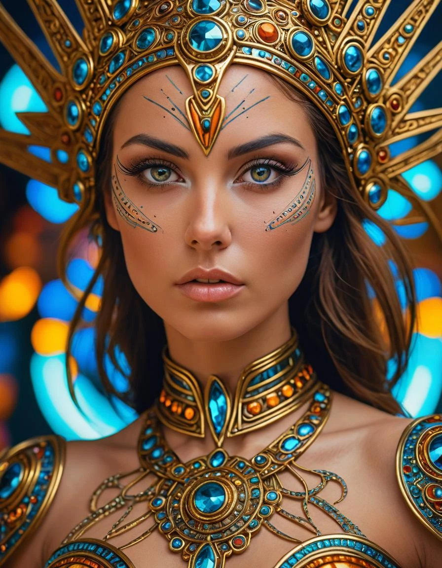 RAW Photograph, mid closeup of the goddess of speed and precision, stunning eyes that pierce your soul, wearing elegant clothing with luminescent detailing, curvy and sexy, colorful, highly detailed skin with visible pores, she holds secret knowledge about the fundamental nature of reality, specular highlights, future technology, cosmic motif, minimalist composition, insane intricate detail, award winning art, raytracing, sharp focus, 8k, hdr, masterpiece, photography, dslr, kodachrome, 35mm photograph, analog film, professional, highly detailed