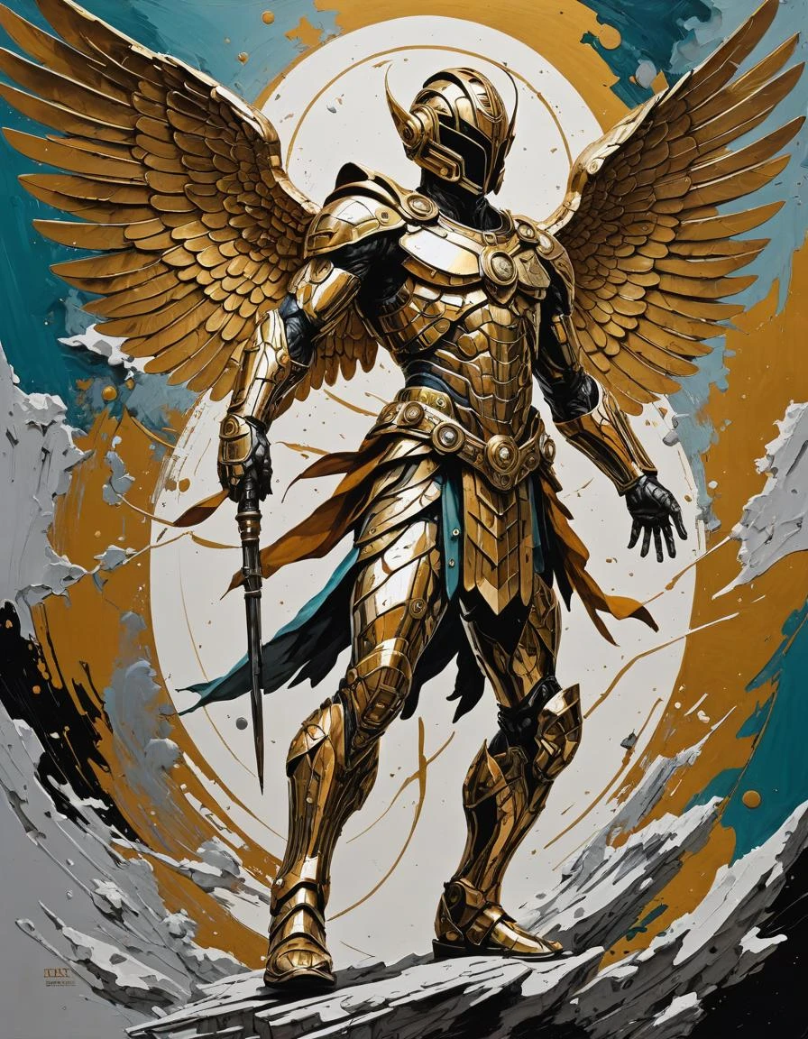 Palette Knife acrylic painting, Mercury the messenger of the gods, swift, winged sandals, cosmic motif, futuristic, minimalist composition, insane intricate detail, award winning art, 8k, hdr, masterpiece, highly detailed, thick textured paint, loose brushwork, style of (Greg Rutkowski AND Yoji Shinkawa), concept art, speed painting aesthetic