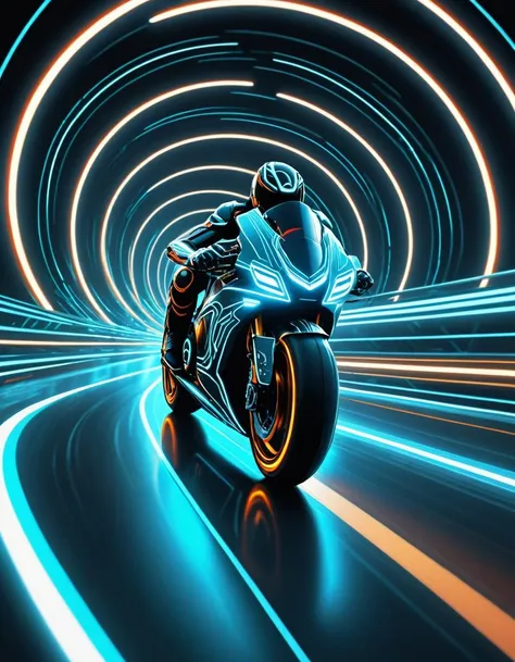 Digital art, Tron lightcycle racing with the speed of light, a trail of intense light follows the speeding cycle, image evokes the sensation of speed, frozen movement, insane intricate detail, award winning art, raytracing, 8k, hdr, masterpiece, highly detailed, vibrant colors, minimalist, glitch aesthetic, supersymmetry