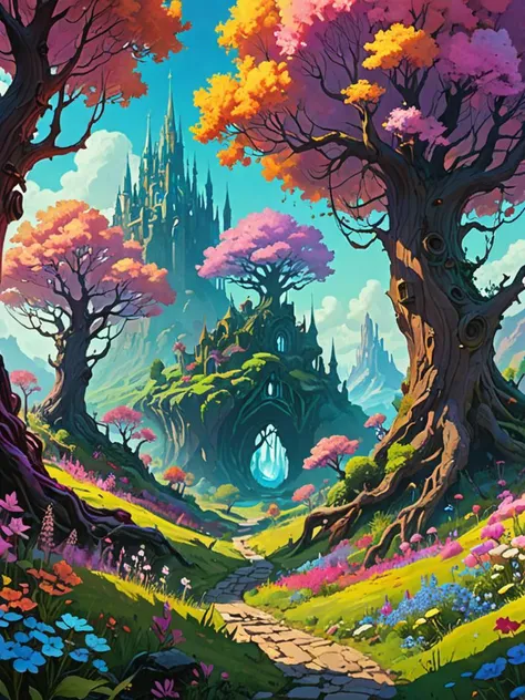 a beautiful colorful interesting detailed storybook fantasy distant landscape scene of a Wonderland full of weird trees and flowers, magic the gathering, Marc Simonetti and Anato Finnstark, neon pastel color palette, vibrant 8k rendering, Pixar concept art, trending on artstation HQ <lora:add-detail-xl:1>, <lora:xl_more_art-full_v1:0.75>