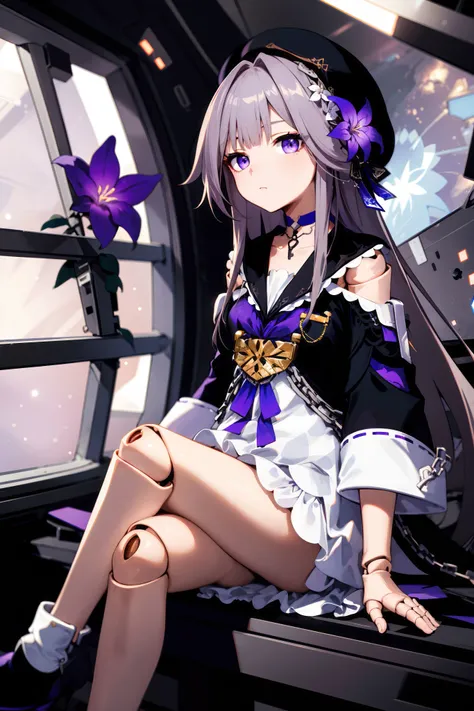 1girl, solo,herta /(honkai star rail/), grey hair, long hair, purple eyes, doll joints, small breasts, purple hair flower, beret, single earring, choker, collarbone, hertadress, black jacket, long sleeves, purple ribbon, frills, white dress, checkered dress, tailcoat, ankle boots,expressionless,sitting,
window, galaxy,inside the space station