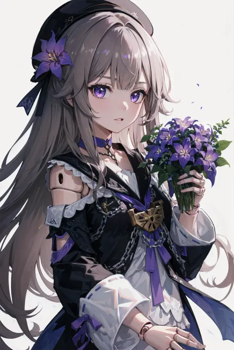 (8k), sharp focus, highres, 1girl, solo, upper body, (high quality:1.2), (high detail:1.2), (masterpiece:1.2), (extremely detailed:1.2) <lora:herta_v11:0.8> herta (honkai star rail), purple eyes, doll joints, beret, purple ribbon, long sleeves, black jacket, frills, purple hair flower, hertadress, choker, brown hair