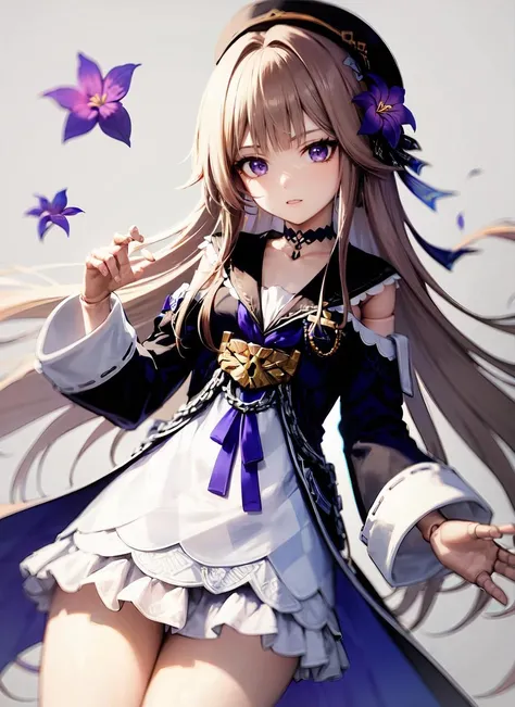 masterpiece, best quality, ultra-detailed, illustration, 1girl, solo, <lora:herta_v11h:0.9> , herta /(honkai star rail/), grey hair, long hair, purple eyes, doll joints, small breasts, purple hair flower, beret, single earring, choker, collarbone, hertadress, black jacket, long sleeves, purple ribbon, frills, white dress, checkered dress, tailcoat, cowboy shot, thighs