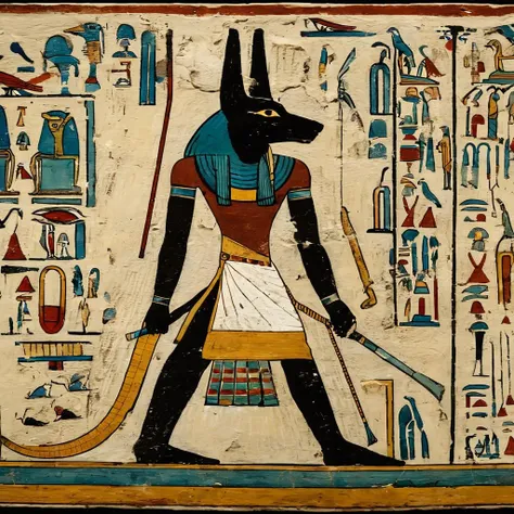 ancientegypt, old egyptian wall painting of Anubis, ancient, 2d, perfect composition, masterpiece