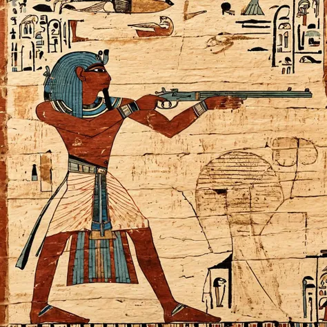 <lora:Ancient_Egypt_Painting_Style:1> ancientegypt, old egyptian drawing of a man shooting a gun, on papyrus paper with cracks and creases, ancient, 2d, perfect composition, masterpiece