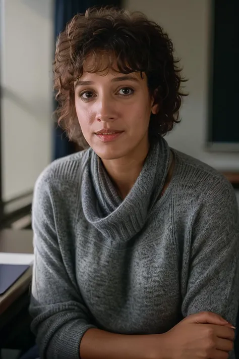 portrait of Jennifer Beals <lyco:Jennifer Beals:0.8> , frustrated , wearing cashmere , with copper Pixie cut , background classroom epic (photo, studio lighting, hard light, sony a7, 50 mm, matte skin, pores, colors, hyperdetailed, hyperrealistic)