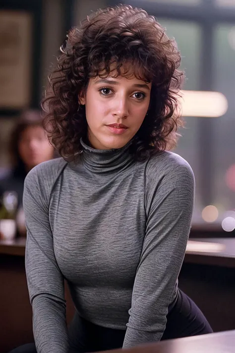 photo of extremely sexy Jennifer Beals <lyco:Jennifer Beals:0.8>, a woman as a sexy student, closeup portrait upsweep updo, (Timberwolf Gray tight long sleeve turtleneck top), at a cantina sitting bar (masterpiece:1.5) (photorealistic:1.1) (bokeh) (best quality) (detailed skin texture pores hairs:1.1) (intricate) (8k) (HDR) (wallpaper) (cinematic lighting) (sharp focus), (eyeliner)