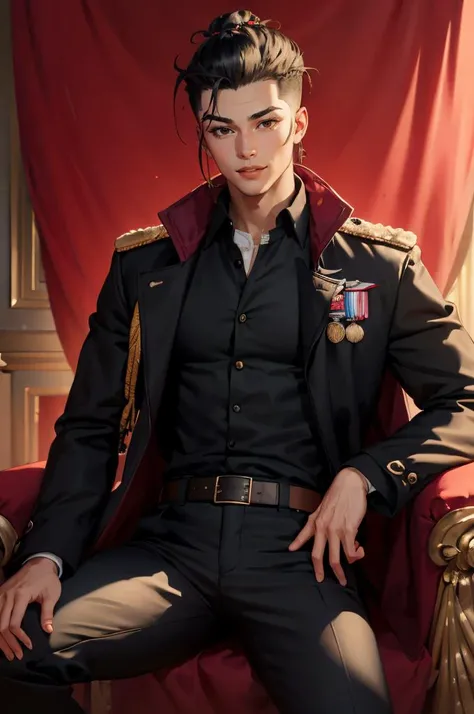 <lora:SD15 - TangoOne-PinupStyle:1> retro-pinup, 1950's aesthetic,, ultra detailed, masterpiece, best quality, solo, smug smile, sitting, arm rest, head on hand, throne room, red banner, black and red theme, 1boy, red eyes, <lora:Tsurime3:1>, (tsurime:1.2), black hair, undercut, top knot, parted bangs, long bangs, bangs, short hair, hair intakes, tall, (coat on shoulders:1.3), dress shirt, sleeves rolled up, fingerless gloves, holster, pants, belt, multiple belts, combat boots, bulletproof vest, tactical clothes,