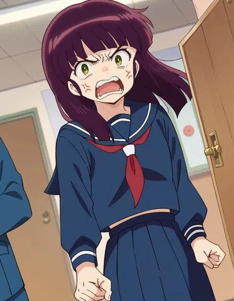 score_9, score_8_up, score_7_up, source_anime,
shinobumiyake, <lora:shinobu-miyake-ponyxl-lora-nochekaiser:1>,
shinobu miyake, long hair, bangs, purple hair, green eyes, angry, anger vein, shouting,
shirt, long sleeves, school uniform, serafuku, sailor collar, neckerchief, red neckerchief, shirt, blue shirt, blue sailor collar, blue skirt,
indoors, classroom, hallway,
looking at viewer, cowboy shot, dutch angle,