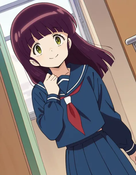 score_9, score_8_up, score_7_up, source_anime,
shinobumiyake, <lora:shinobu-miyake-ponyxl-lora-nochekaiser:1>,
shinobu miyake, long hair, bangs, purple hair, green eyes, smile,
shirt, long sleeves, school uniform, serafuku, sailor collar, neckerchief, red neckerchief, shirt, blue shirt, blue sailor collar, blue skirt,
indoors, classroom, hallway,
looking at viewer, cowboy shot, dutch angle,
