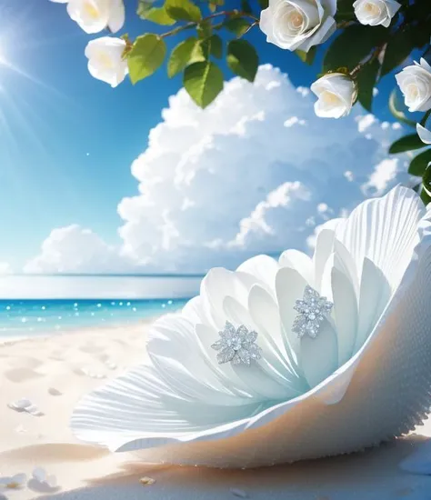 delicate scene, sky,white clouds,and sunlight shine, white beach. flowers roses and shiny large shells, diamond crystal, on the beach, fantasy, sky night , moon, smoke , photo, HD, 8K , realistic, HD, intricate, 8k, highly detailed,fun, sharp focus,<lora:ornate:1.99>